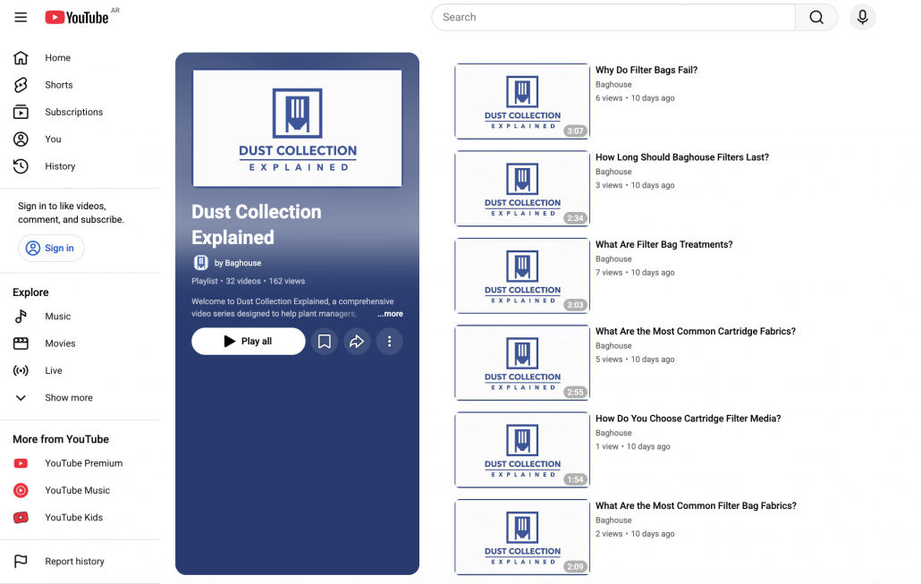 Baghouse Youtube playlist Dust Collection Explained Series