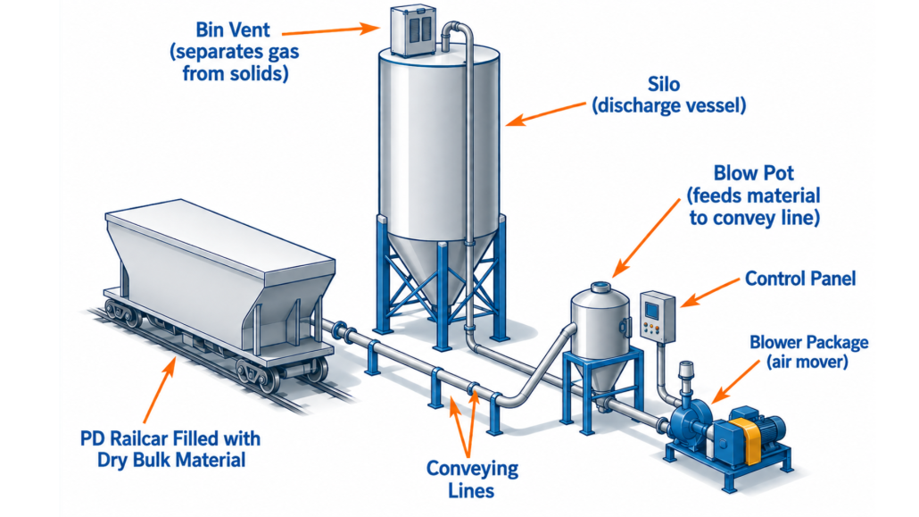 Pneumatic conveying system showing railcar, conveying lines, silo, bin vent, blow pot, control panel, and blower package