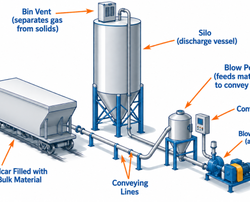 Pneumatic conveying system showing railcar, conveying lines, silo, bin vent, blow pot, control panel, and blower package